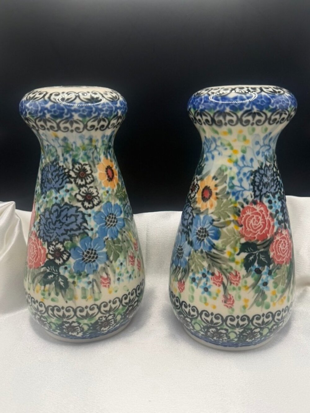 Polish Pottery Unikat Large Salt and Pepper Shakers Teresa Floral Set